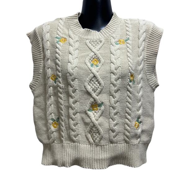 Bohme Floral Knit Sweater Vest S Cream Yellow Pullover Hippie Peasant Prairie - Picture 2 of 7